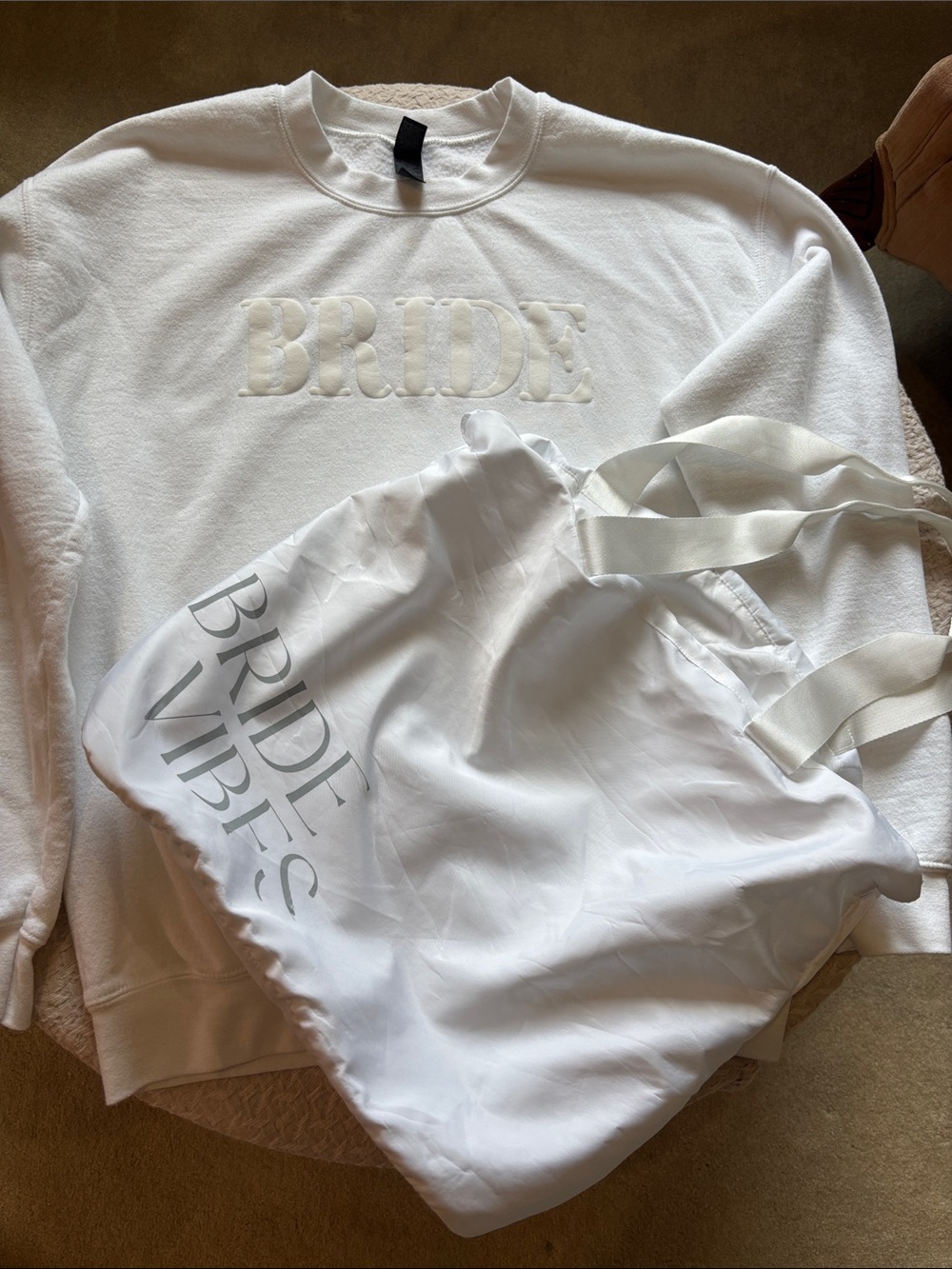 Bride White Crewneck Sweatshirt and Bride Vibes Nylon Tote bag